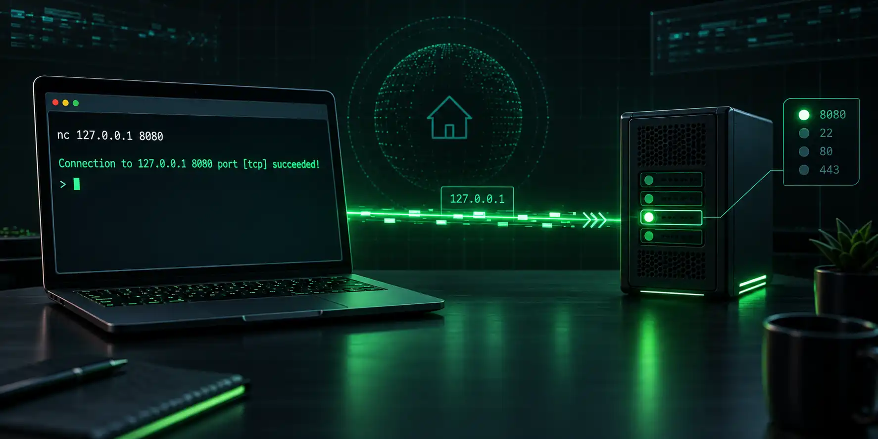 Terminal NetCat sprawdzający port TCP 8080 na lokalnym adresie 127.0.0.1