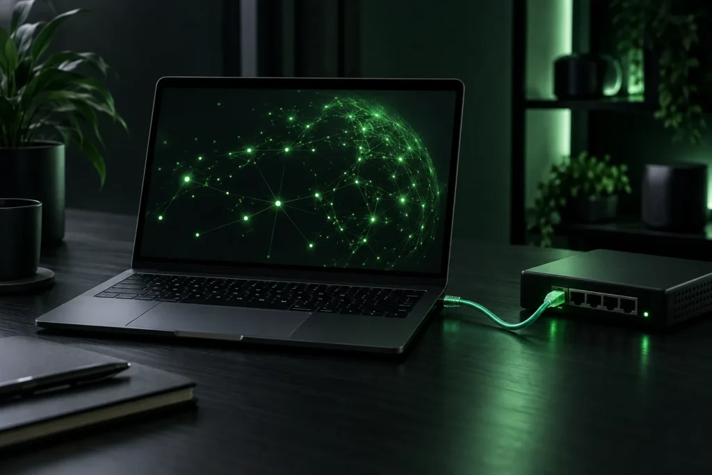 Laptop połączony z urządzeniem sieciowym podczas bezpiecznego skanowania portów Nmap