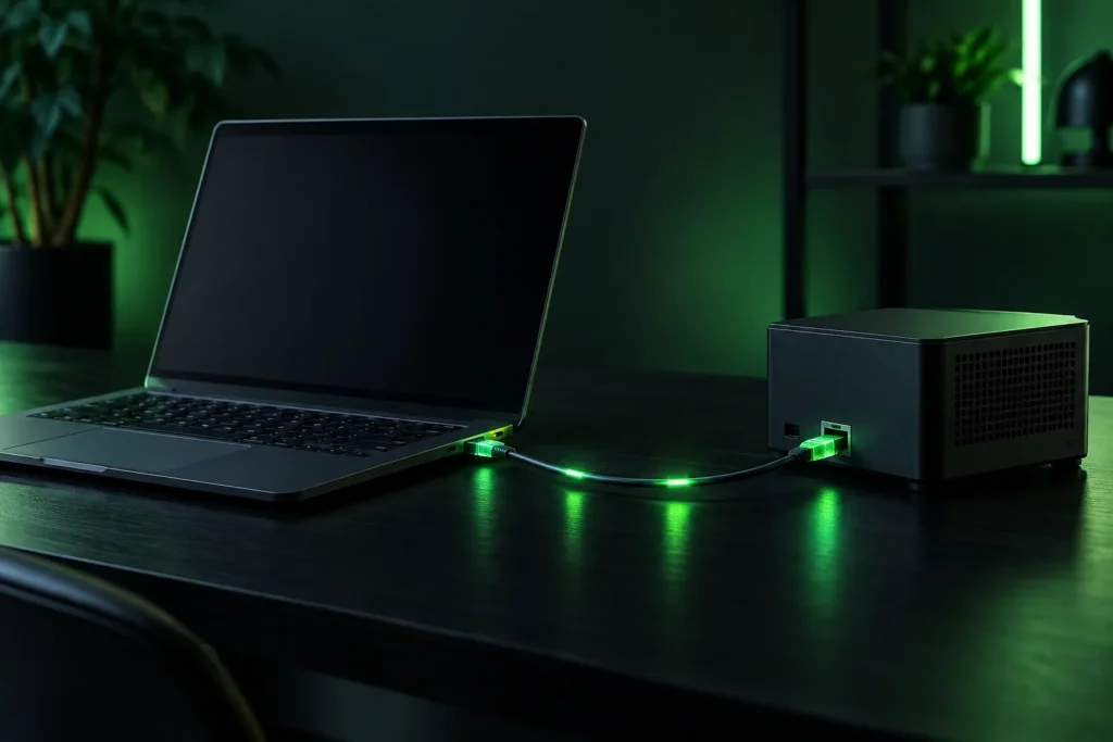 Laptop i komputer laboratoryjny połączone przewodem podczas pierwszego skanu Nmap