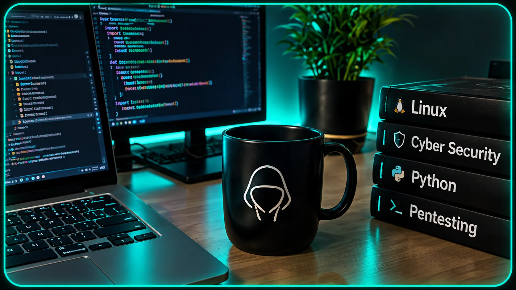 Książki o Linuxie, cyberbezpieczeństwie, Pythonie i pentestingu przy stanowisku do nauki