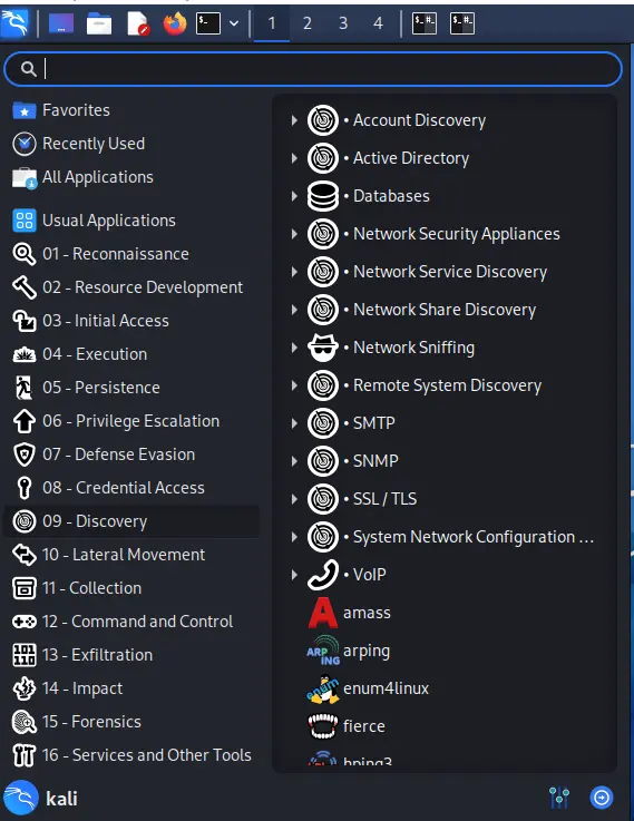 Menu aplikacji Kali Linux z kategoriami narzędzi bezpieczeństwa, w tym rozpoznaniem, dostępem początkowym, eskalacją uprawnień i wykrywaniem usług sieciowych.