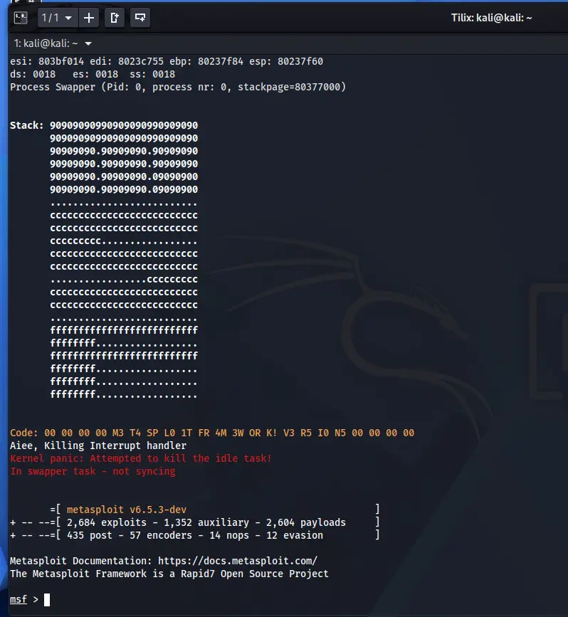 Terminal Kali Linux z uruchomioną konsolą Metasploit Framework msfconsole i widocznym promptem msf