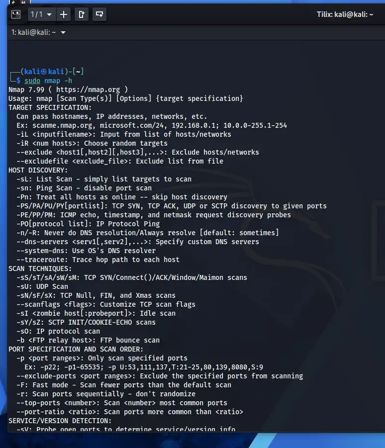 Terminal Kali Linux z ekranem pomocy Nmapa po uruchomieniu polecenia nmap -h