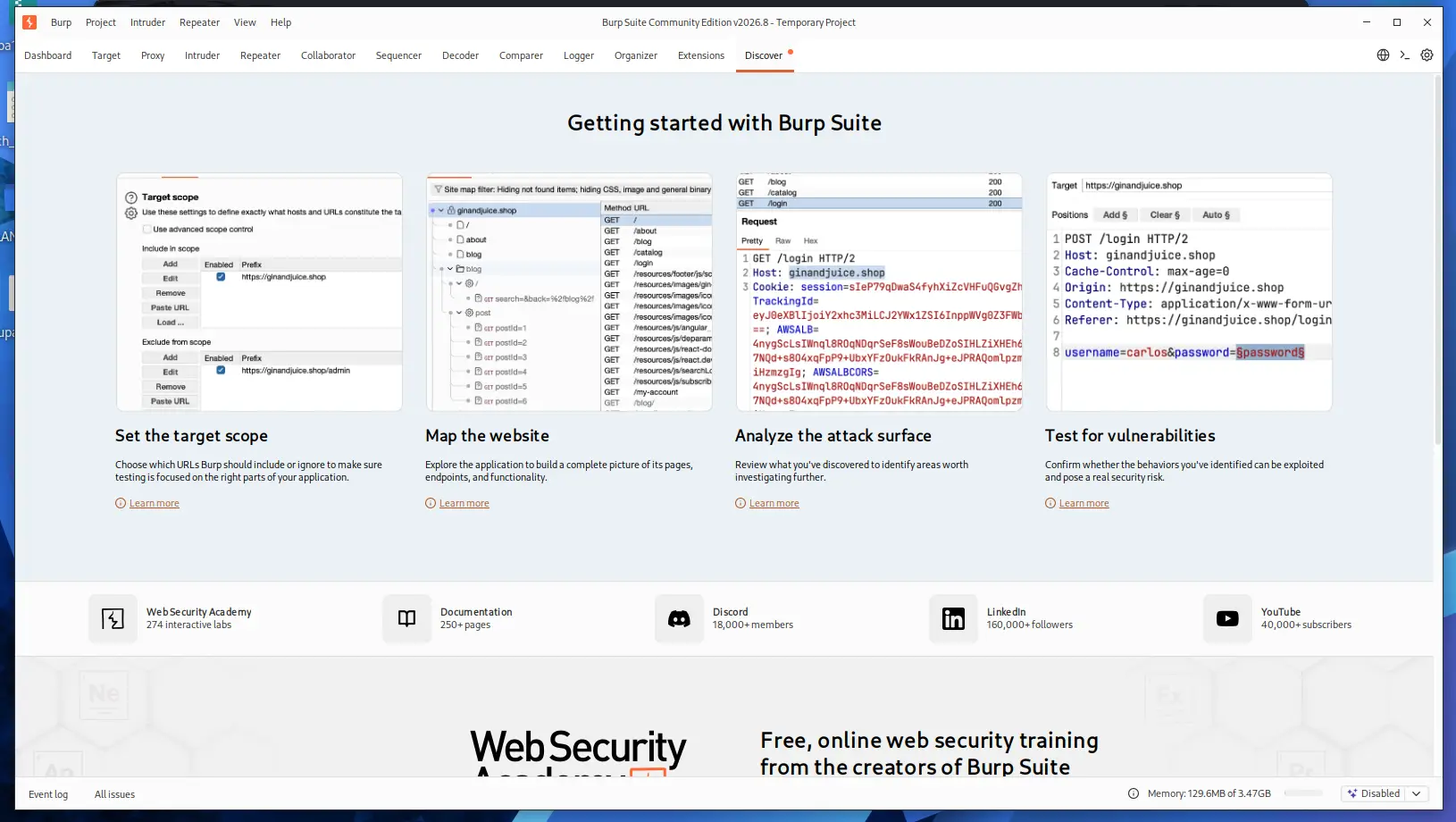 Ekran startowy Burp Suite Community Edition z widokiem ustawienia zakresu, mapowania strony i analizy żądania HTTP