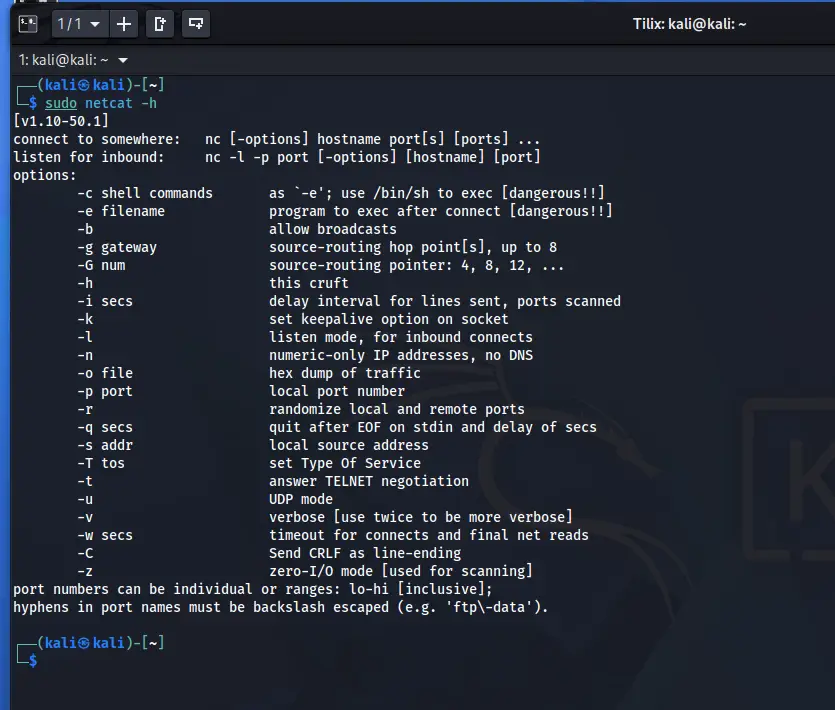Terminal Kali Linux z pomocą programu Netcat po uruchomieniu polecenia sudo netcat -h