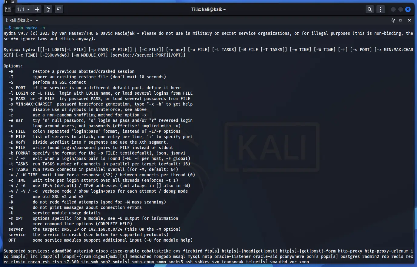 Terminal Kali Linux z ekranem pomocy Hydra i widocznymi opcjami list loginów, haseł oraz zadań równoległych